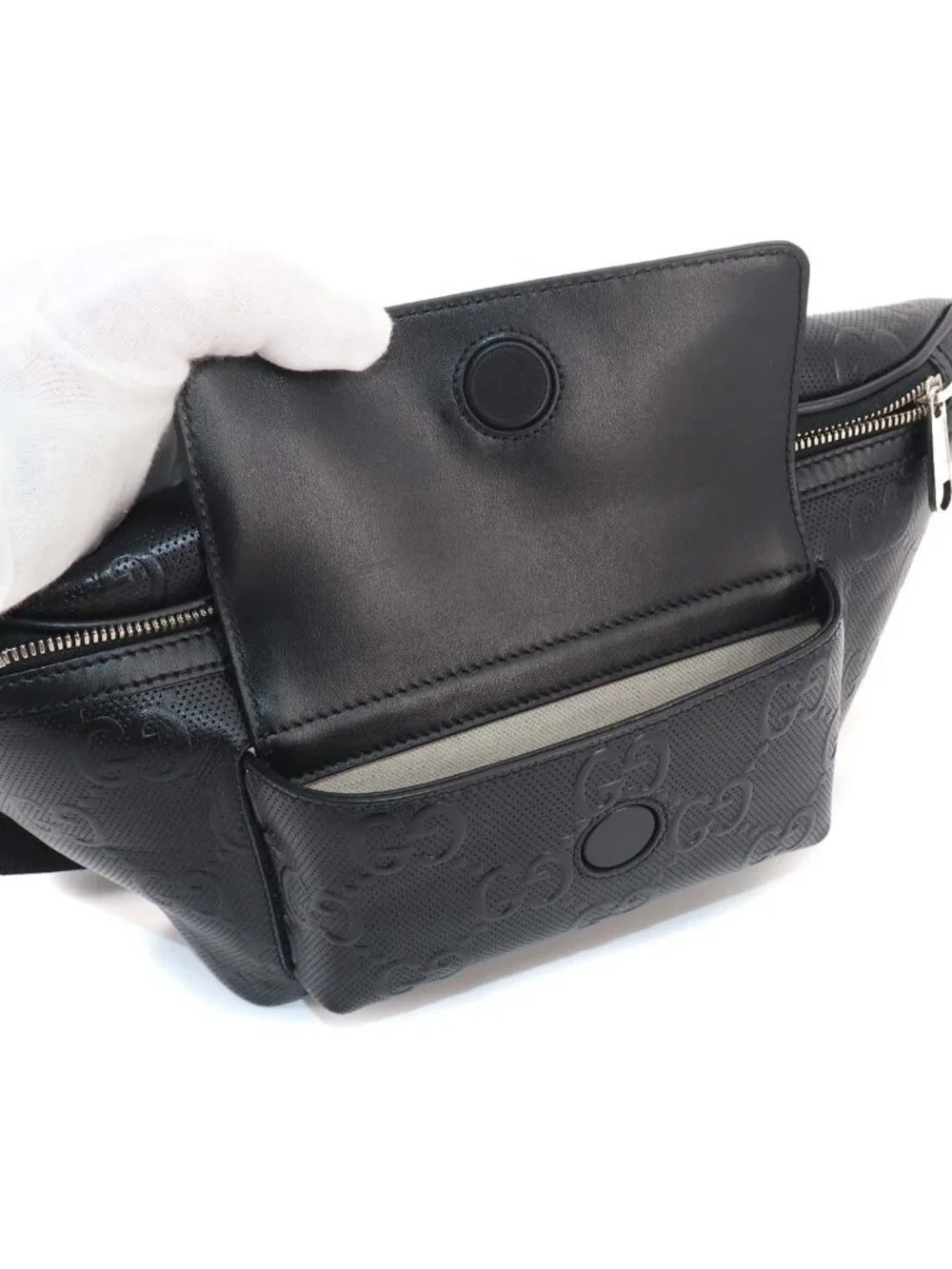 Gucci GG Embossed Belt Bag Leather Black Silver